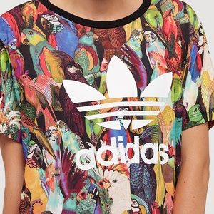 Ladies Adidas size Small X Farm Rio Passaredo Tropical Parrots Birds Tee HTF!